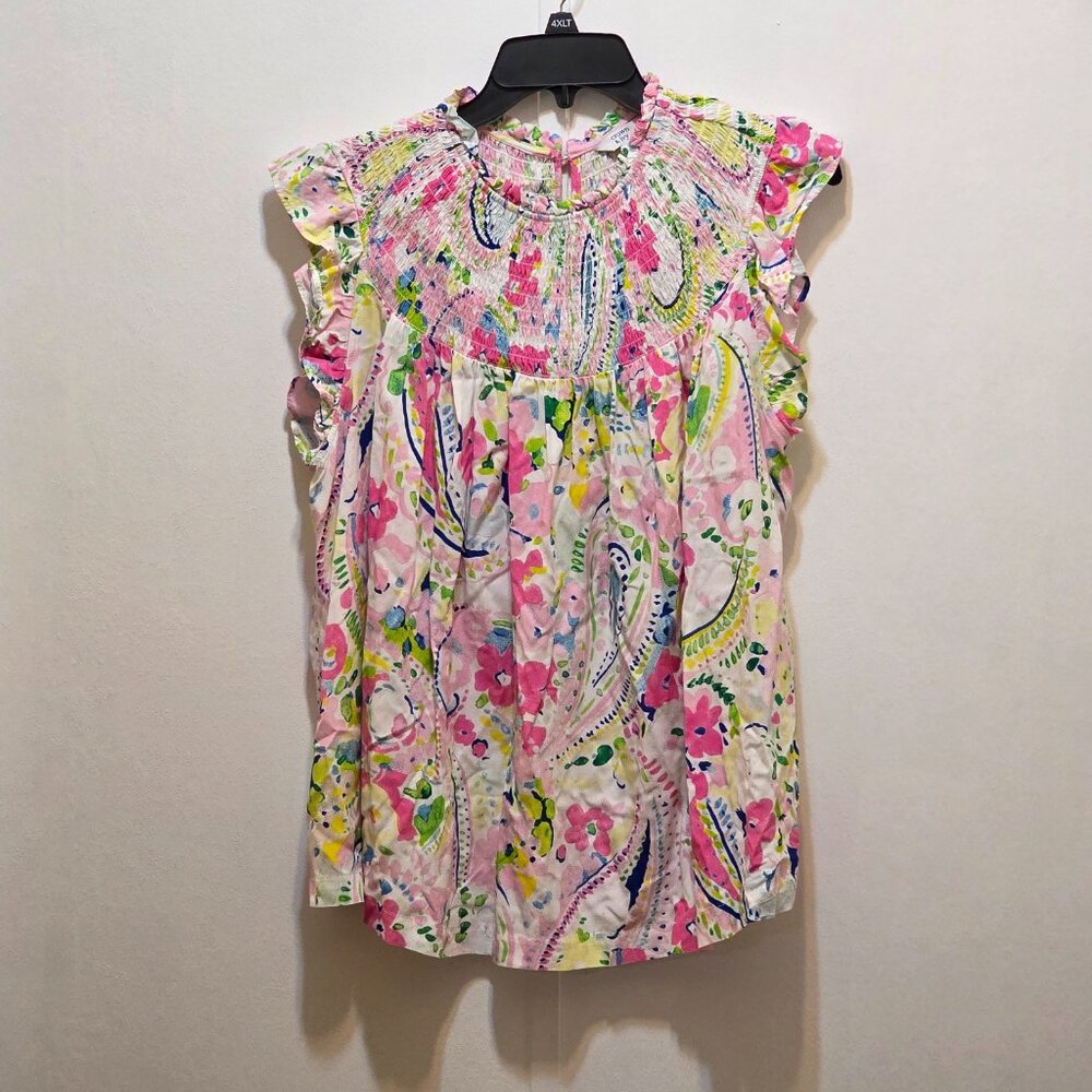 Crown & Ivy Gathered Multicolor Floral Paisley S/S Spring Flowy Top 1X